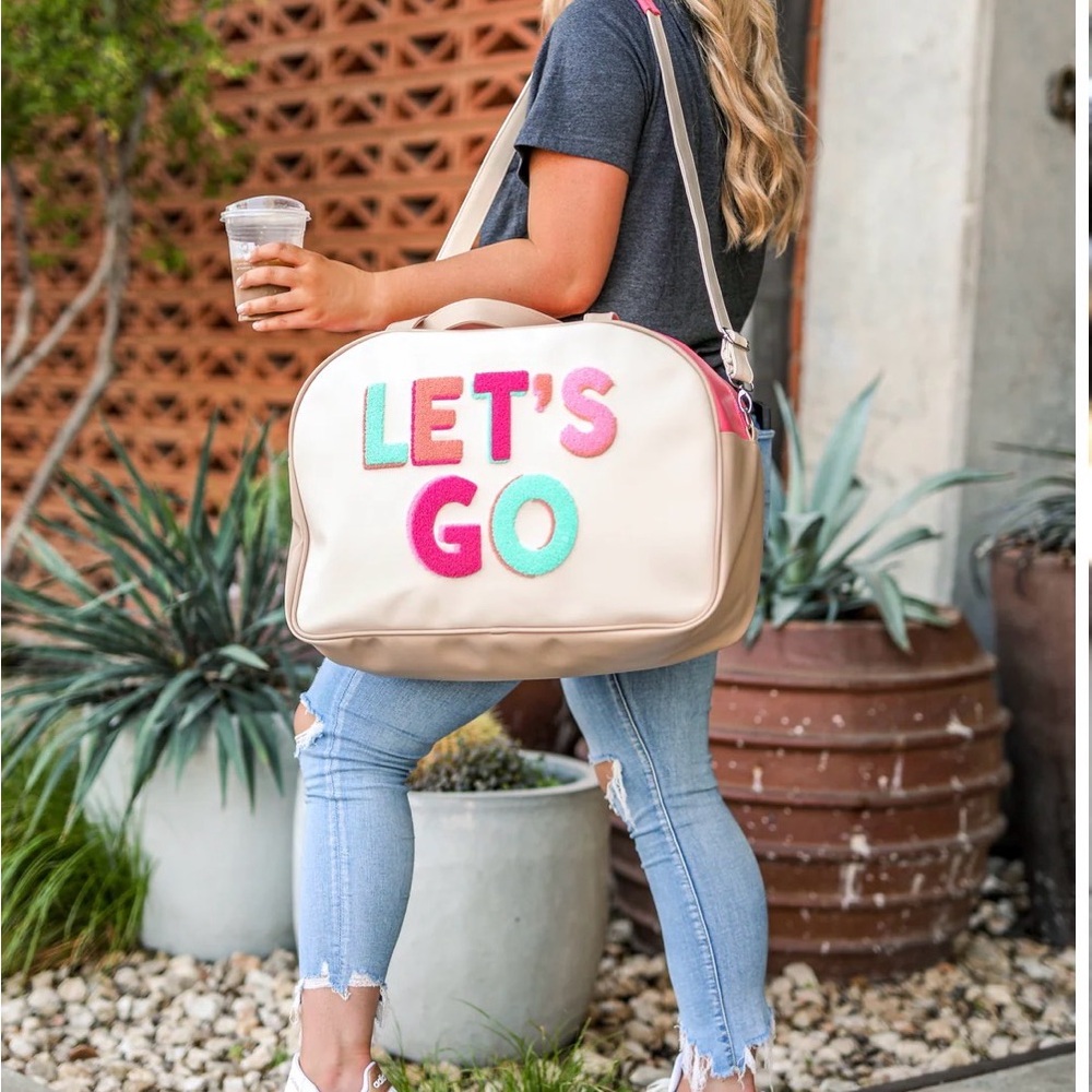 Jadelynn Brooke Cream Travel Bag LET'S GO with Pink and Aqua Letters